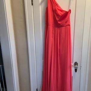 David’s Bridal bridesmaid one shoulder dress. Coral color, size 14.
